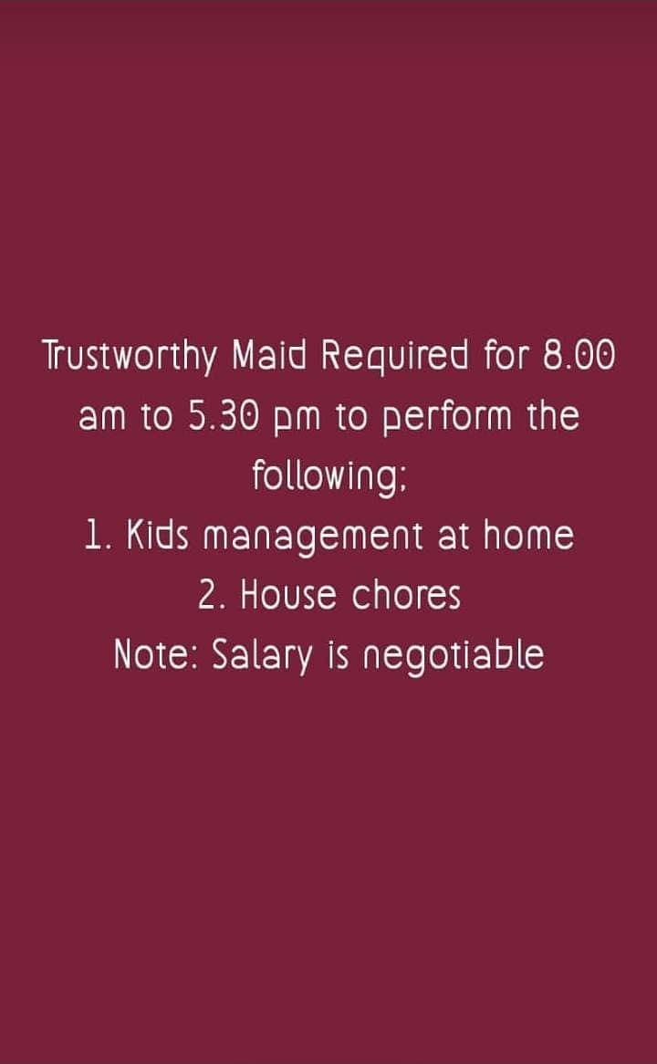 Seeking a reliable and efficient female maid to manage household chore 1