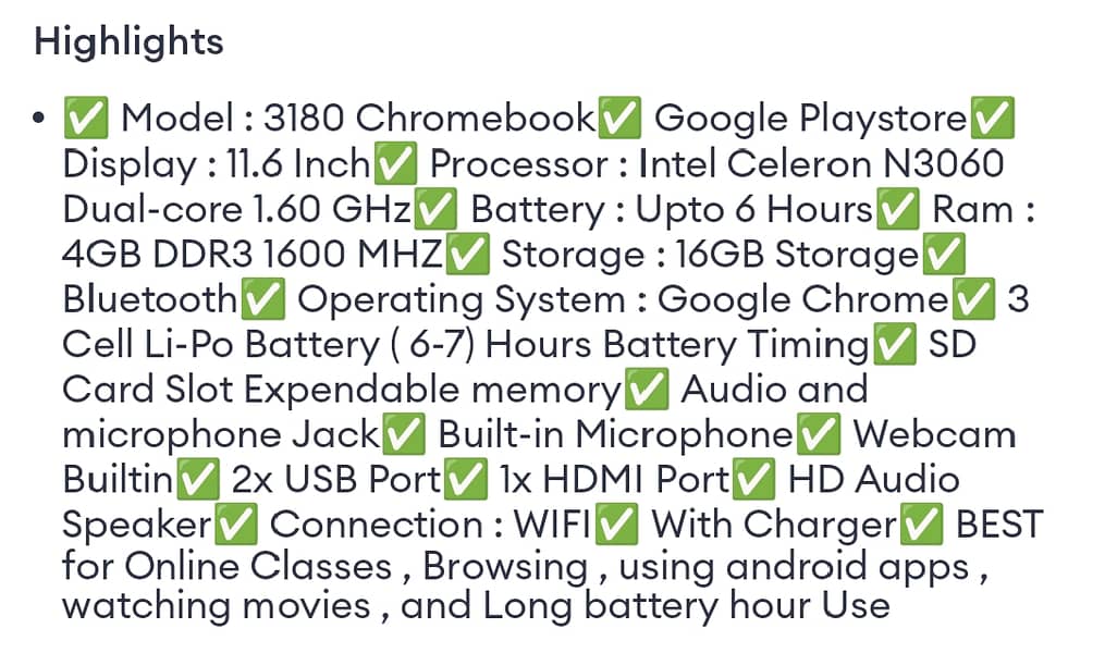 Dell Chromebook 3180 Playstore Supported 4GB DDR3 16GB ROM Display 3