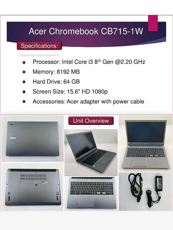 Acer Chromebook Laptop CB715-1w, Core i3 8th Gen. 8GB RAM,64GB SSD,FHD 0