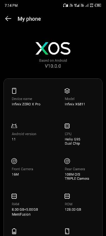 Infinix zero x pro 8+5gb ram, 128gb rom 10