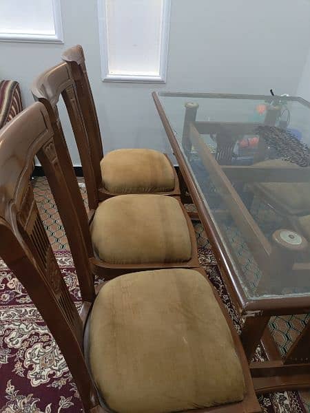 6 seater dining table set, wooden chairs, glass on top, 1