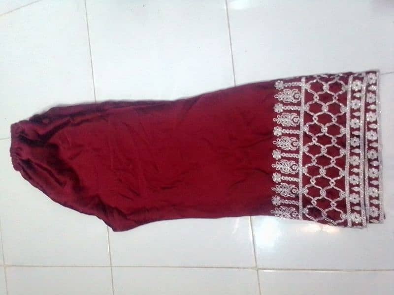 maroon full embroidery dress with net duppatta and silk traoser 1