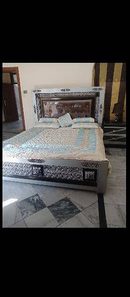 Double bed with 2 side tables with dressing + save almari three door 1