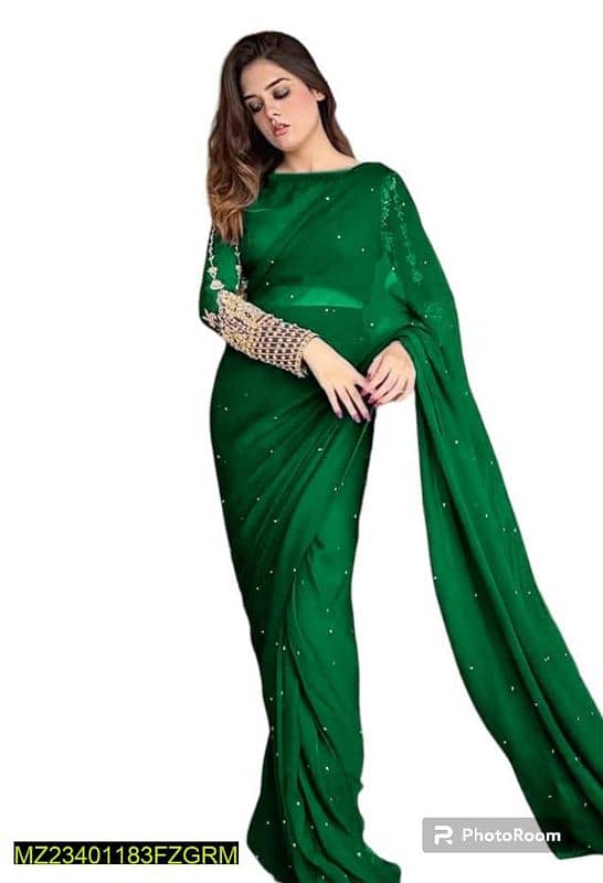 3pcs women's chiffon embroidered stitched saree 0