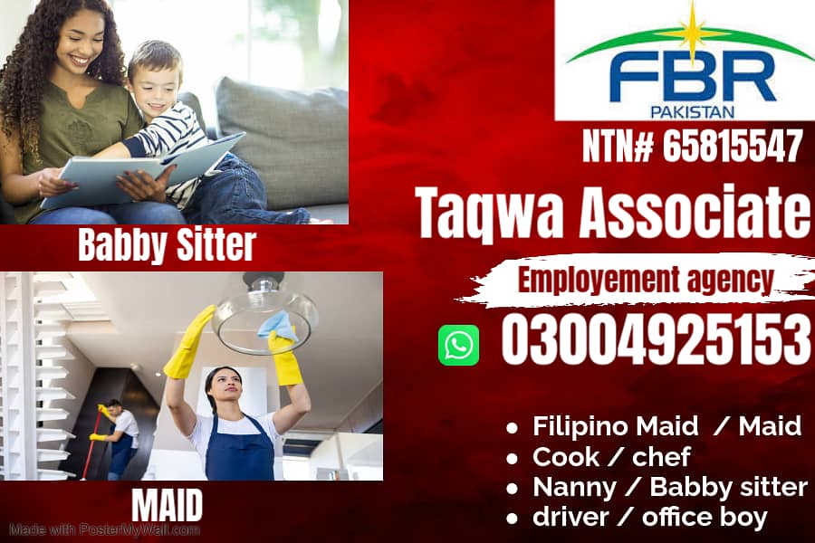 Maids / House Maids / cook / Nanny , chef / Baby Sitter maid availabl 0