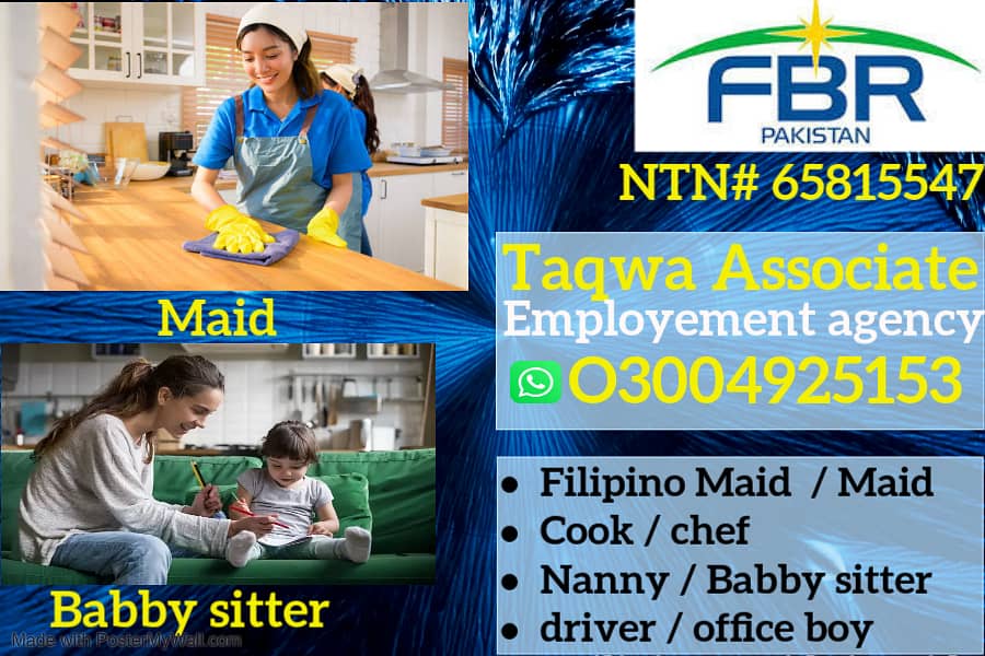 Maids / House Maids / cook / Nanny , chef / Baby Sitter maid available 0