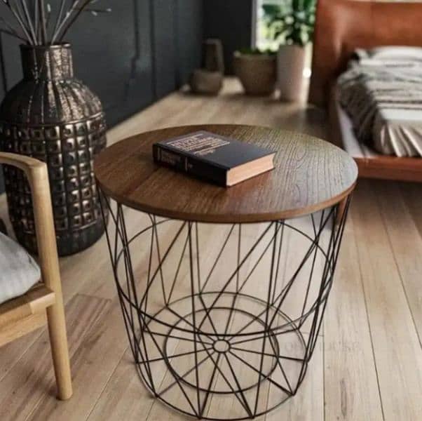 Coffee Table Metal Wire Removable Wood Top Storage Basket Side 0