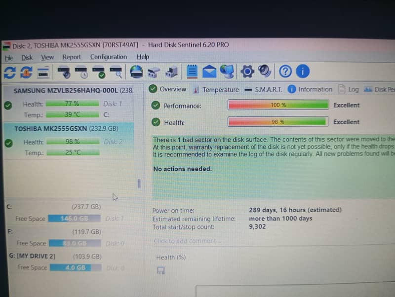 Toshiba 255GB HDD (MK255GSXN) –  100% Performance &  98% Health 2