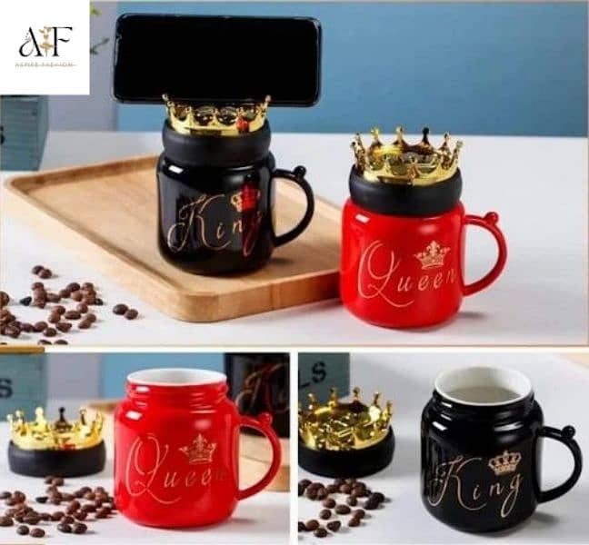 450 ml. King Queen ceramic Mug with Crown Lid Coffee Cup Gift. 0