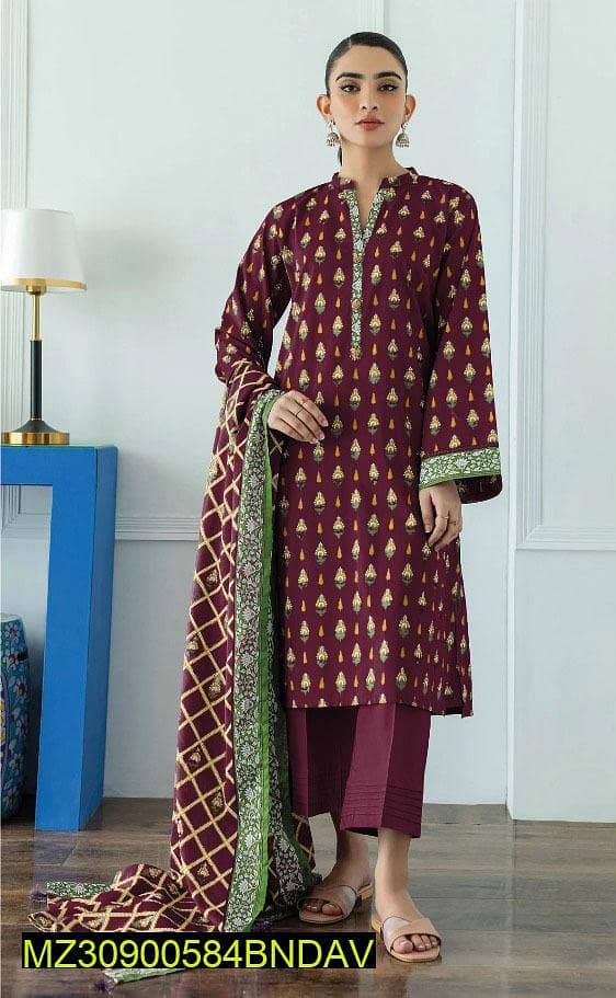 3 Pcs Women's Unstitch Khaddar Printed Suit 0