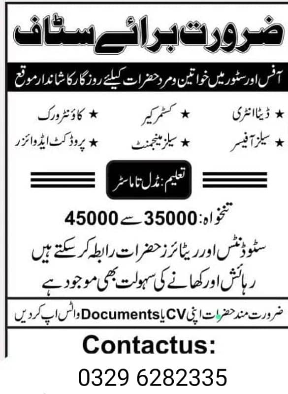 Male and Female staff required for store working 0