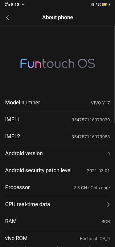 Vivo Y17 8/256 condition 10/10 5