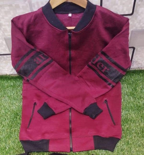 Men Maroon polyester plain collared jacket 1