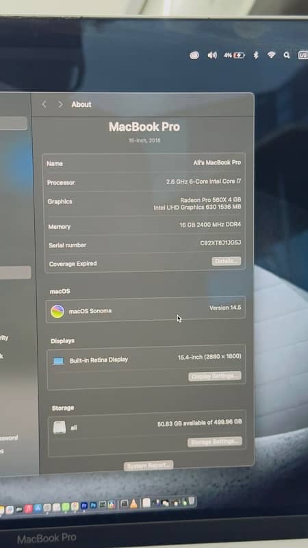 Macbook Pro 2018 4gb graphic card 15inch 9