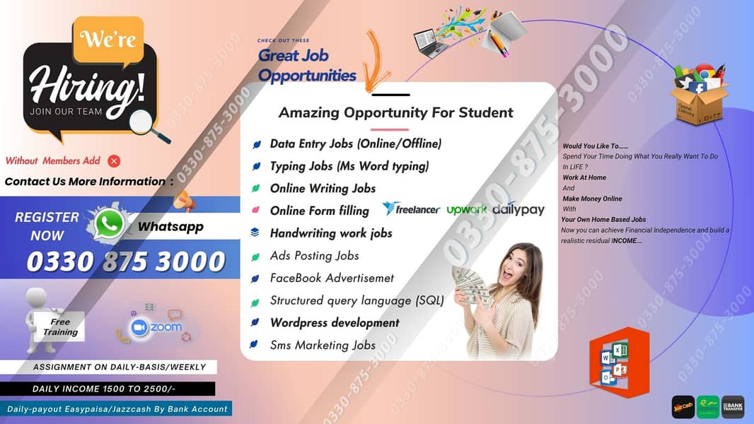 We offer handwriting assignment work /online jobs, data entry jobs, a 0