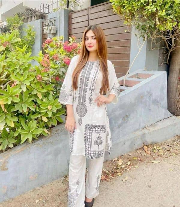 2 Pcs Womens Stitched Arabic Lawn Block Printed Shirt And Trouser 1