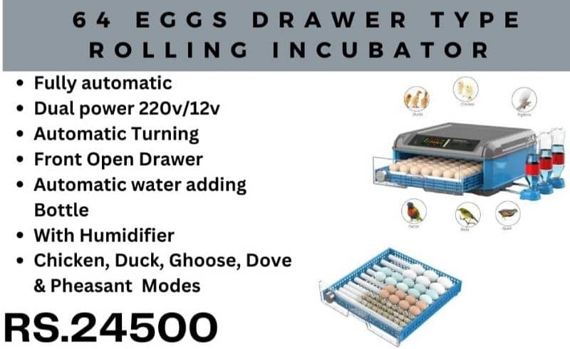 Imported automatic incubators available 8,18,24,26,36,56,64,70 eggs 13