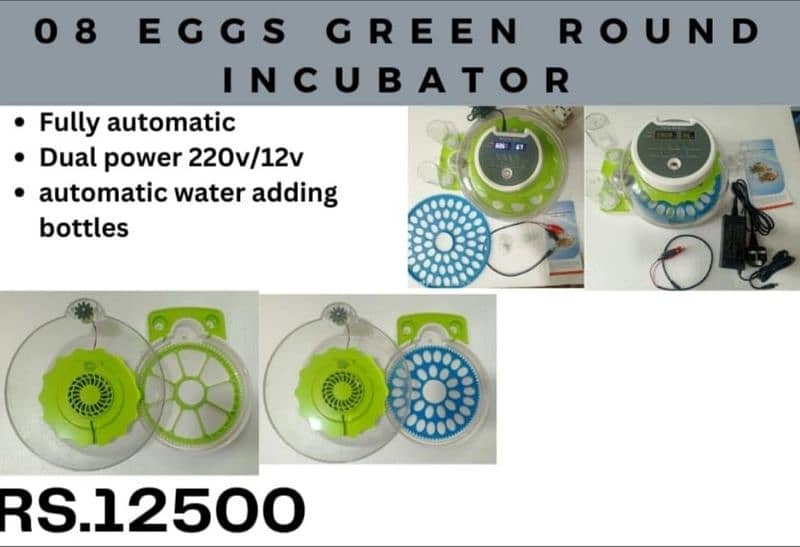 Imported eggs incubators available in 8, 18, 24, 36, 56, 64 & 70 eggs 9