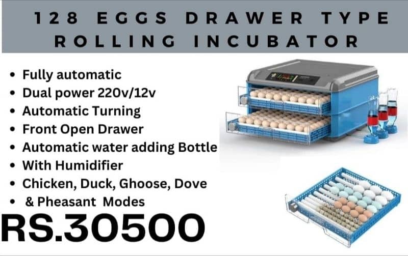 Imported eggs incubators available in 8, 18, 24, 36, 56, 64 & 70 eggs 14