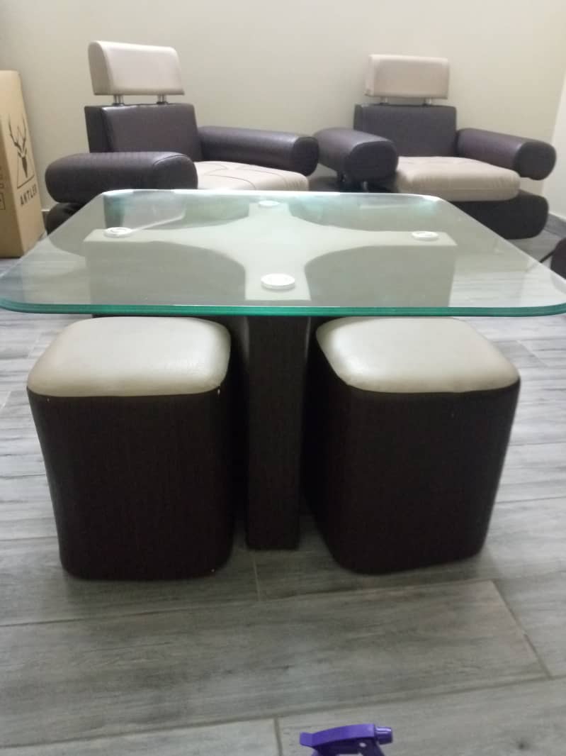 Elegant 7-Seater Sofa Set with Center Glass Table & 4 Stools 5