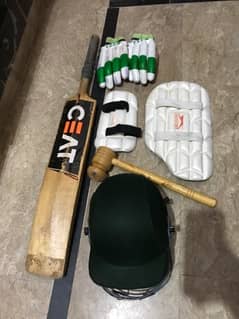 hard bat, thigh pad, elbow guard, lower abdomen guard, helmet