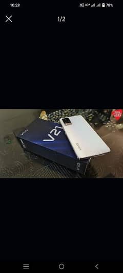 vivo v21 candation 10 by 10  box and charger ke Sath white color me