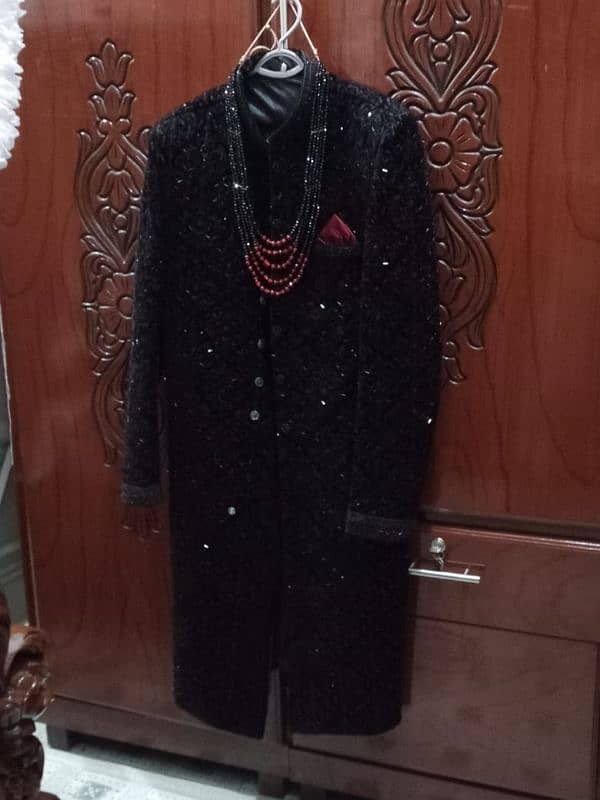 black Sherwani, kulla, showl and khussa 0