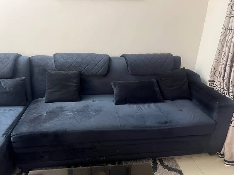 sofa L shape in black colour, within warranty, branded foam used 1