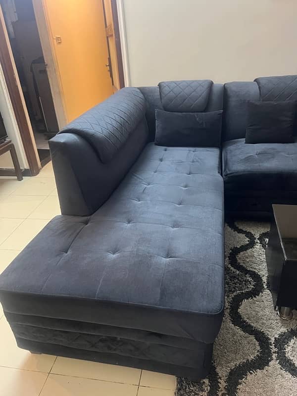 sofa L shape in black colour, within warranty, branded foam used 3