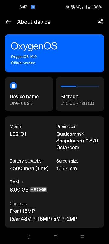 OnePlus 9r (Android 14) Dual Sim active 7