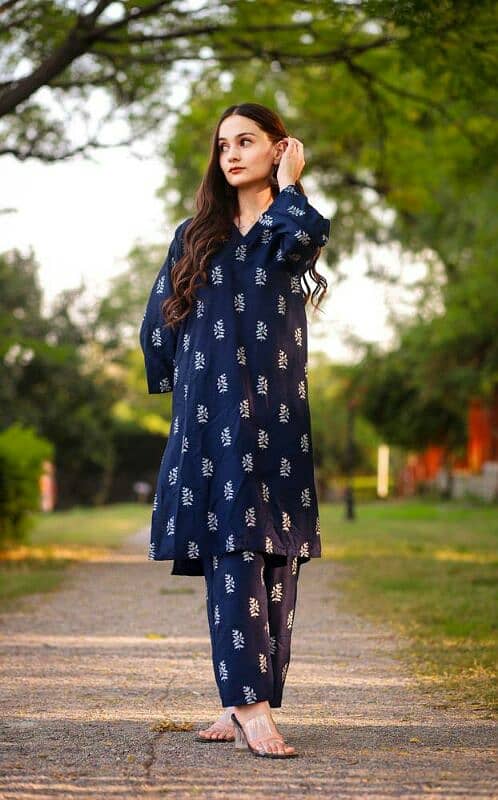 2 Pcs Women's Stitched Linen Block Printed Suit 0