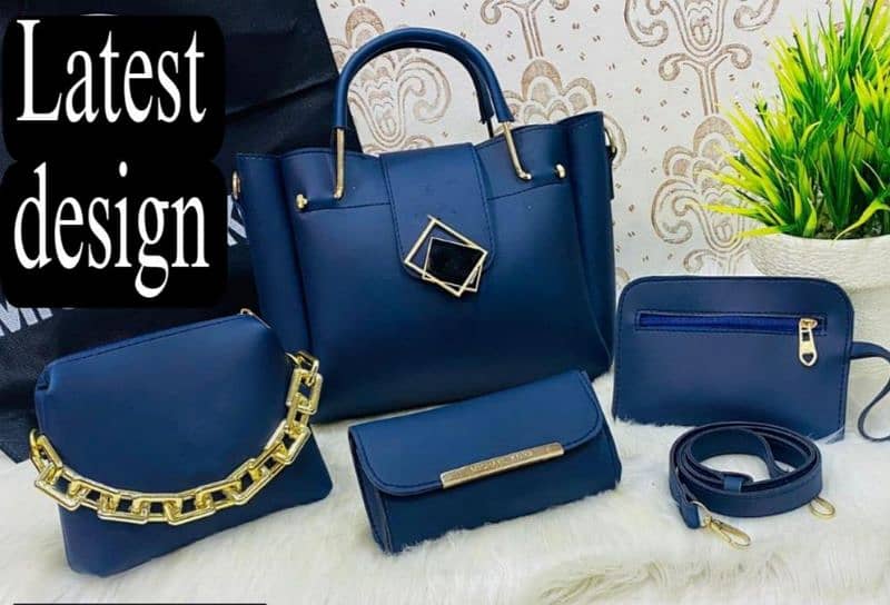 4 Pcs Women's PU Leather Plain Hand Bag Set 2