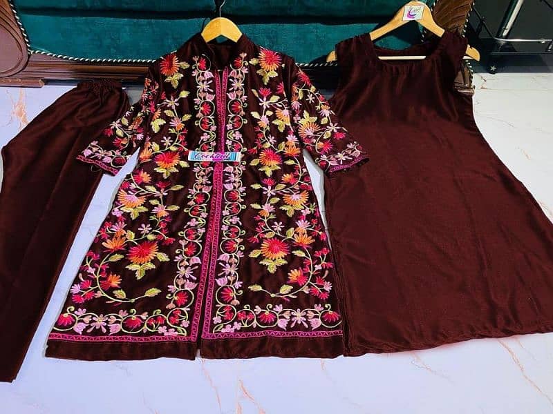 3 Pcs Women's Stitched Katan Silk Embroidered Gown Suit 0