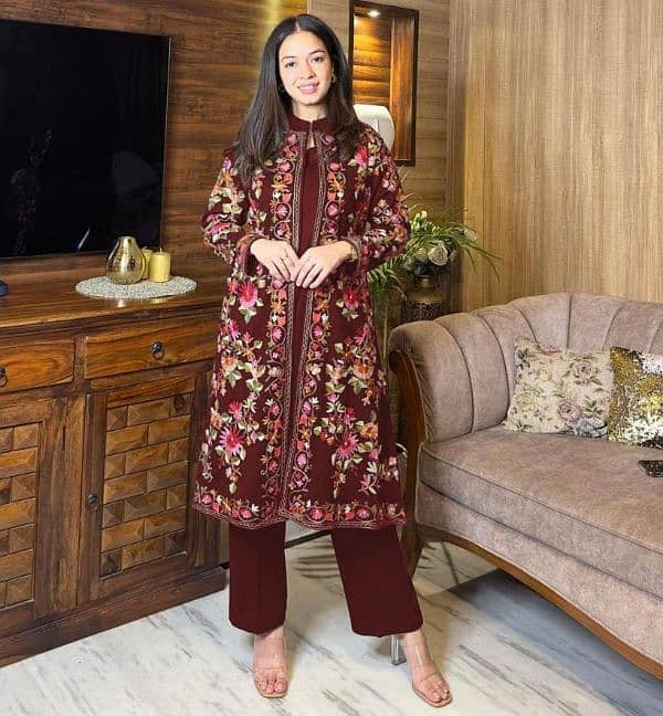 3 Pcs Women's Stitched Katan Silk Embroidered Gown Suit 1