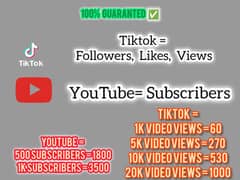 Tiktok Followers, Views and Likes & YouTube Subscribers available