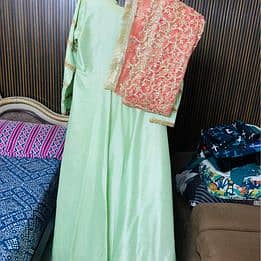 10/10 Beautiful Light Green Wedding Frock with Pink Dupatta 4