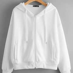 stylish white plain fleece zip up hoodie for women