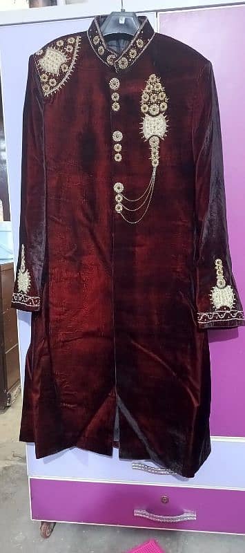 Double tone maroon color valvet sherwani 0