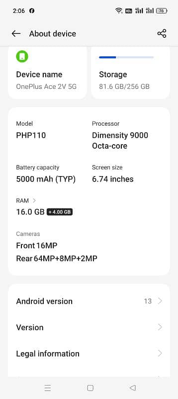 one plus ace 2v,latest 5g model,16/256,pta,pack phn 3