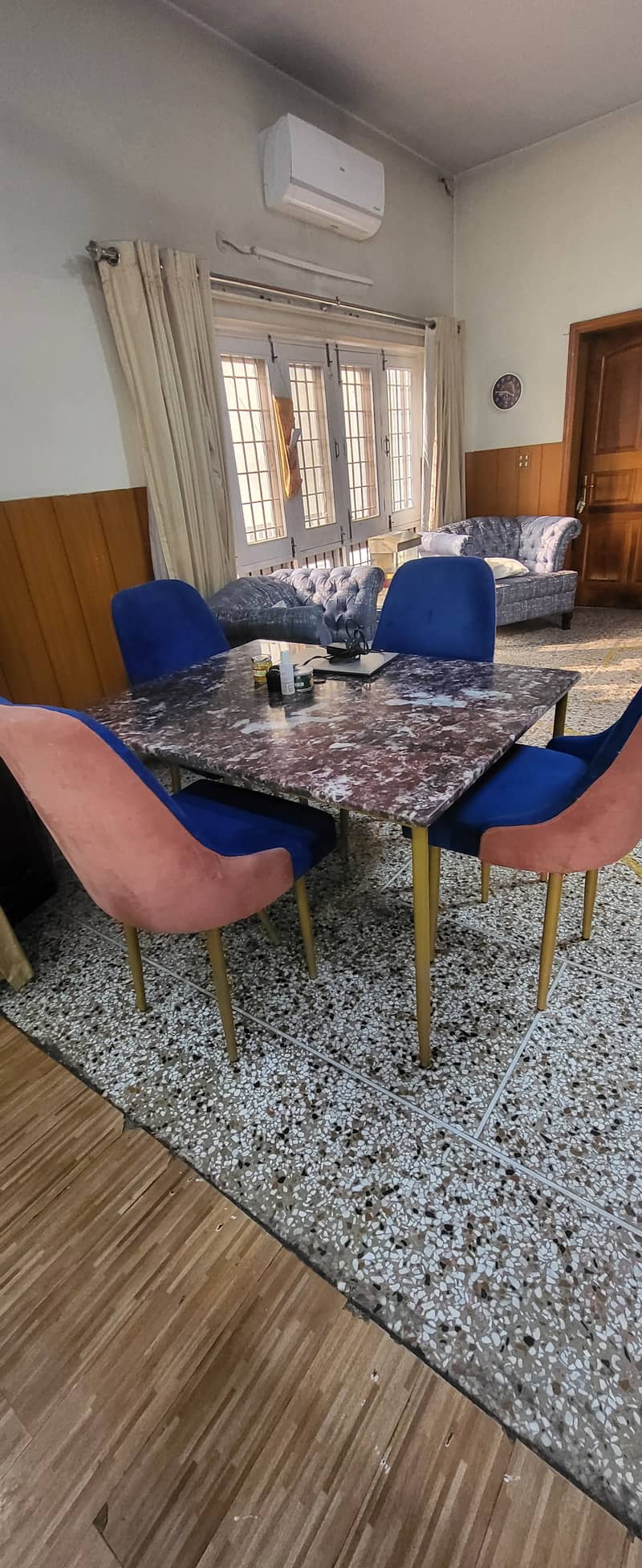 Marble top dining table with 4 velvet covered chairs 1