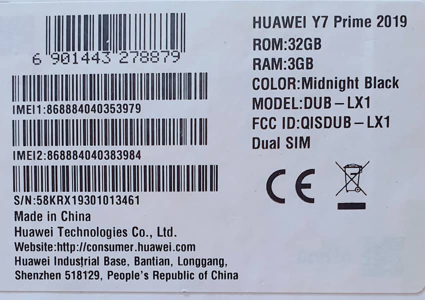 Huawei Y7 Prime (2019) official PTA Prove 2 sims 0