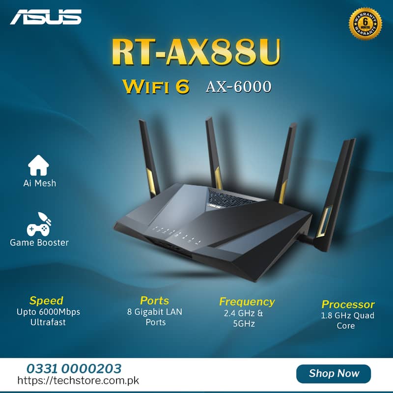 WiFi6 Gaming Router ASUS RT-AX88U AX6000 Wireless Dual-Band (Box Pack) 0