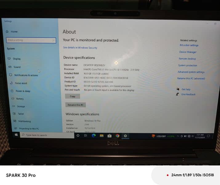 Dell Laptop 10 by 10 condition. . all ok . . . 16 Ram--512 SSD hard. . . 1