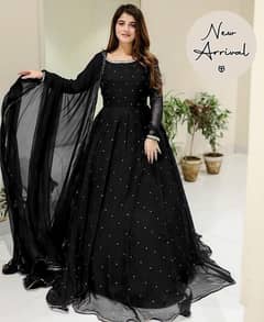 Elegant Black Embriodered Chiffon Maxi Suit With Dupatta & Trouser