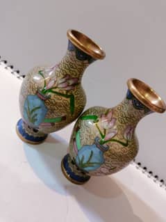 Cloisonne Enamel vases pair beautiful handmade Art