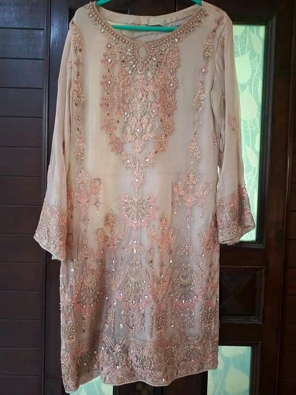 pure chiffon peach colour 3 piece full embroided dress 0