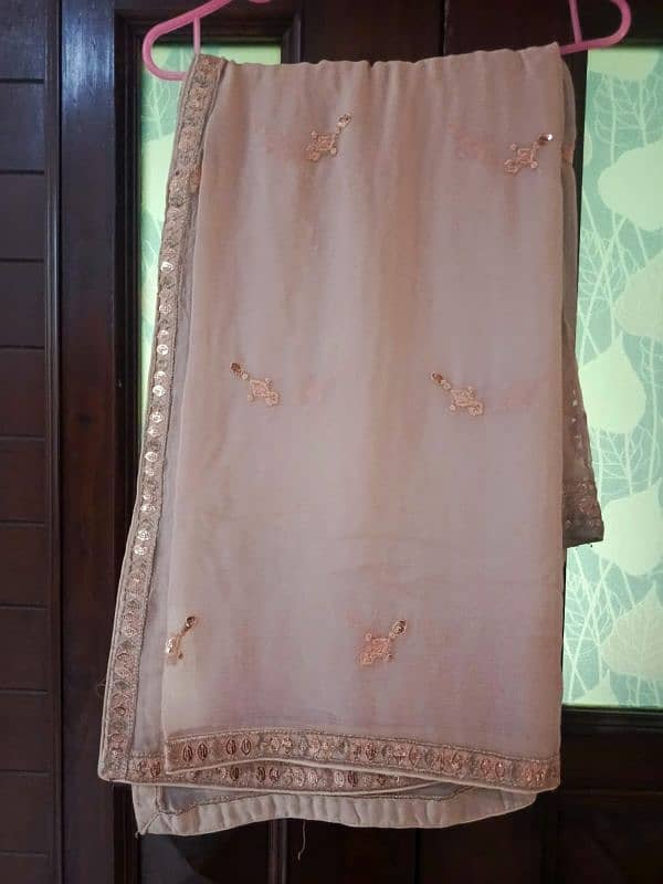 pure chiffon peach colour 3 piece full embroided dress 1