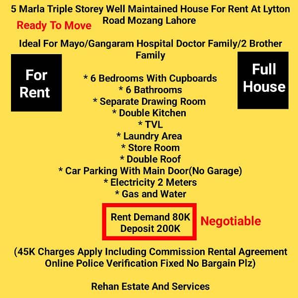 5Marla Triple Storey House For Rent At Lytton Road Mozang Lahore 0