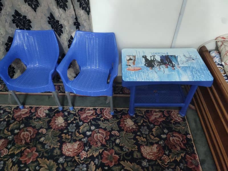 2 seater dewan for urgent sale, 2 chair and table for kids 4