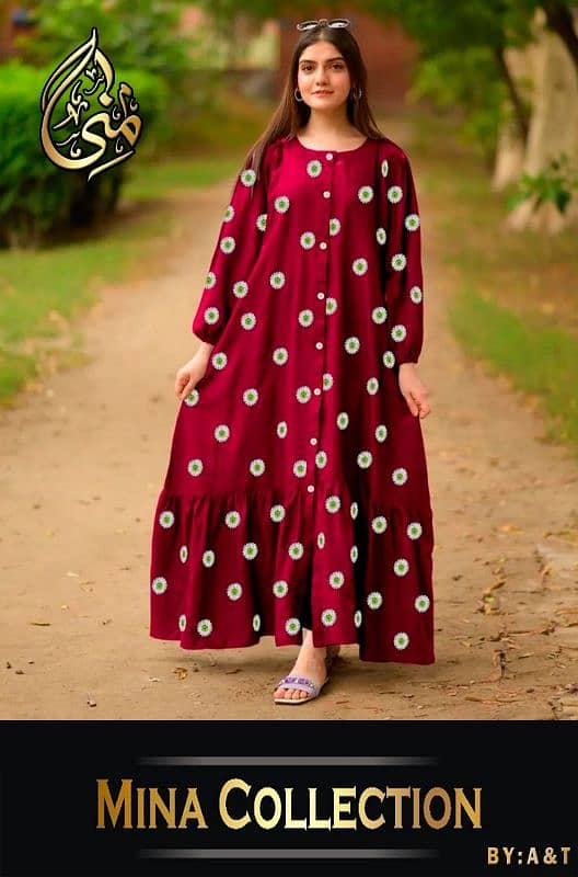 Multi Flower Embroidered With Kaaj Button Long Flare Only Frock 6